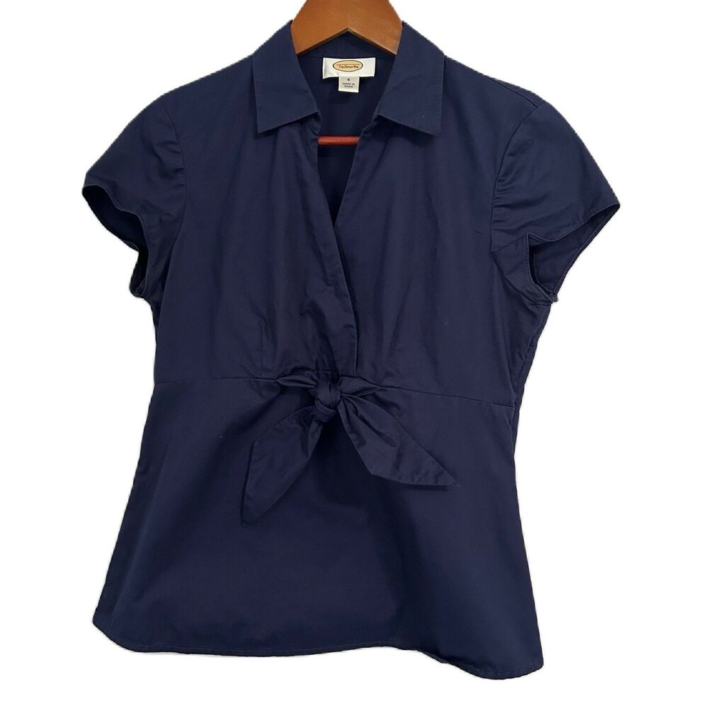 Talbots Top Women 6 Navy Cotton Fitted Wrap Preppy Minimalist Cottage Office